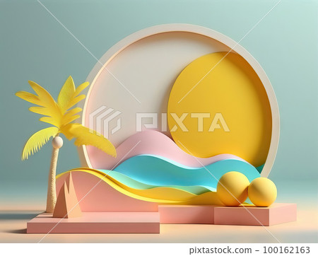 AI generated abstract minimal geometric forms. Glossy colorful podium for product presentation with palm tree, sun and waves AI generated abstract minimal geometric forms. Glossy colorful podium for product presentation with palm tree, sun and waves 100162163