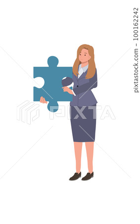 Business Woman holding a big jigsaw puzzle piece. Flat vector cartoon illustration. 100162242
