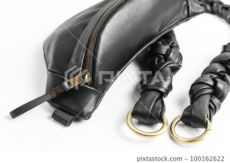 Black Leather Waist Bag with Detached Braid Strap Black Leather Waist Bag with Detached Braid Strap 100162622