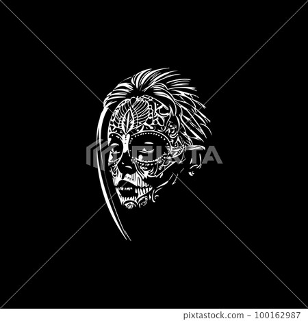 Woman sugar skull dotwork tattoo with dots shading, tippling tattoo. Hand drawing face portrait white emblem on black background for body art, minimalistic sketch monochrome logo. Vector illustration 100162987
