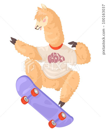 Cute llama alpaca skateboarding flat vector icon 100163037