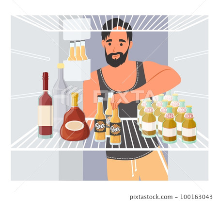 Man taking beer from opened refrigerator vector Man taking beer from opened refrigerator vector 100163043