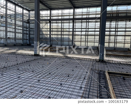 Reinforcement arrangement before earth floor placement at the steel frame site 100163179