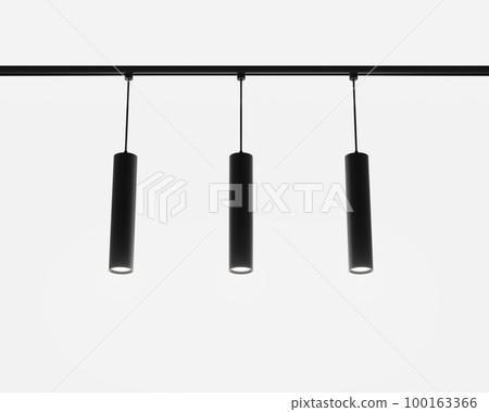 Track lighting system, pendant ceiling spot lamps 3d render. Modern black metal long tubes, accent light for exhibition hall, cafe or office interior isolated on white background 100163366