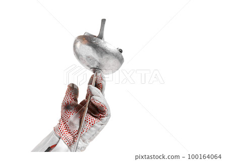Closeup hand in glove holding fencing sword, rapier isolated on white background 100164064
