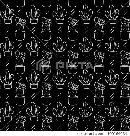 Seamless pattern with cute hand-drawn cacti black background. 100164684