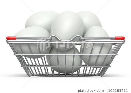Farm raw organic white sugar-coated eggs for breakfast in metal wire basket 100165411