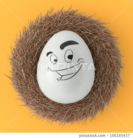 Farm white painted egg with expressions and funny face in bird nest 100165437