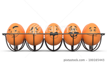 Farm brown egg with expressions and funny face in metal wire tray or cardboard Farm brown egg with expressions and funny face in metal wire tray or cardboard 100165443