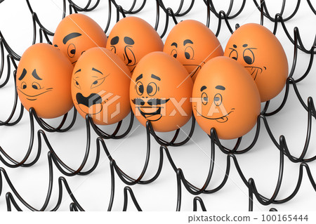 Farm brown egg with expressions and funny face in metal wire tray or cardboard Farm brown egg with expressions and funny face in metal wire tray or cardboard 100165444