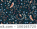 Vintage seamless fabric ornament with flowers and birds on dark blue background. Middle ages William Morris style. Vector illustration. 100165720