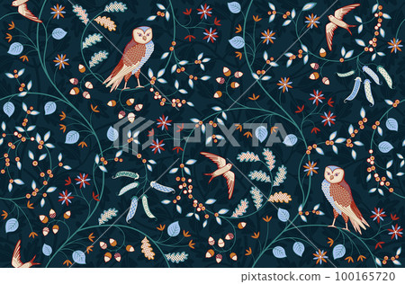 Vintage seamless fabric ornament with flowers and birds on dark blue background. Middle ages William Morris style. Vector illustration. 100165720
