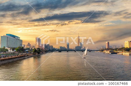 Cairo downtown, the bridge over the Nile with the Tower and fashionable hotels, Egypt 100167466