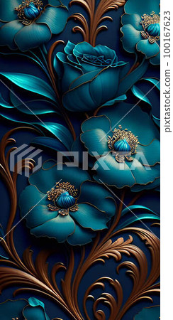 a close up of a bunch of blue flowers, dark flower pattern wallpaper, blue rose petals, flowing teal 100167623