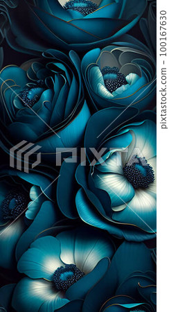 a close up of a bunch of blue flowers, dark flower pattern wallpaper, blue rose petals, flowing teal 100167630