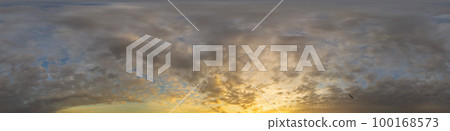 Panorama of a dark blue sunset sky with golden Cumulus clouds. Seamless hdr 360 panorama in spherical equiangular format. Full zenith for 3D visualization, sky replacement for aerial drone panoramas. Panorama of a dark blue sunset sky with golden Cumulus clouds. Seamless hdr 360 panorama in spherical equiangular format. Full zenith for 3D visualization, sky replacement for aerial drone panoramas. 100168573