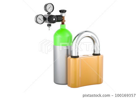 Oxygen tank, gas cylinder with padlock, 3D rendering 100169357