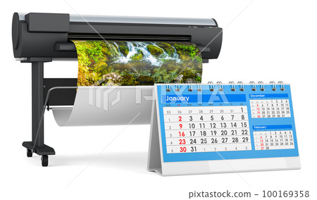 Plotter, large format inkjet printer with desk calendar, 3D rendering Plotter, large format inkjet printer with desk calendar, 3D rendering 100169358