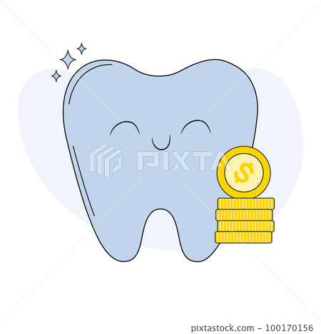 Cute tooth with gold coin. Happy tooth and money isolated on background. Dental services price icon and payment concept. Flat cartoon vector illustration 100170156