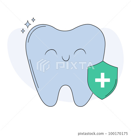 Dental care icon. Dental shield tooth protection. Healthy teeth and shield, anti-caries and protection bacteria. Teeth, insurance symbol. Flat vector illustration Dental care icon. Dental shield tooth protection. Healthy teeth and shield, anti-caries and protection bacteria. Teeth, insurance symbol. Flat vector illustration 100170175