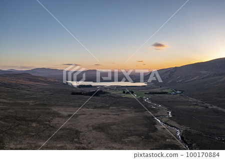 Aerial view of Lough Barra at sunset - County Donegal, Ireland. Aerial view of Lough Barra at sunset - County Donegal, Ireland. 100170884