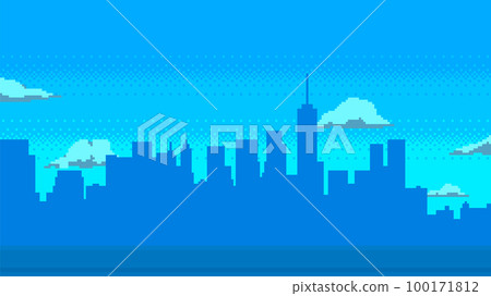Pixel art game background with city silhouette and clouds. Vector illustration. Pixel art game background with city silhouette and clouds. Vector illustration. 100171812
