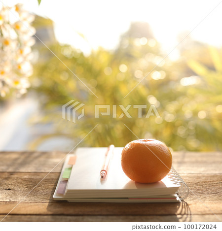 Orange and notebook diary on wooden table 100172024