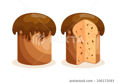 Easter cake set. Easter cakes with chocolate icing, whole and cut. Easter icons, decor elements, vector Easter cake set. Easter cakes with chocolate icing, whole and cut. Easter icons, decor elements, vector 100172083