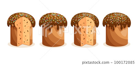 Easter cake set. Easter cakes with chocolate icing, whole and cut. Easter icons, decor elements, vector 100172085