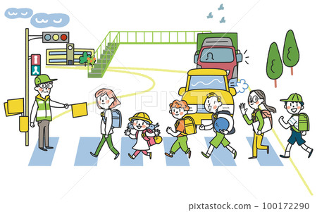 在交通引導志願者的注視下，小學生精力充沛地上下學插圖素材 100172290