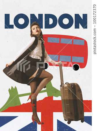 Contemporary art collage. Stylish young girl with suitcase visiting london. Famous landmarks of city on background Contemporary art collage. Stylish young girl with suitcase visiting london. Famous landmarks of city on background 100172370