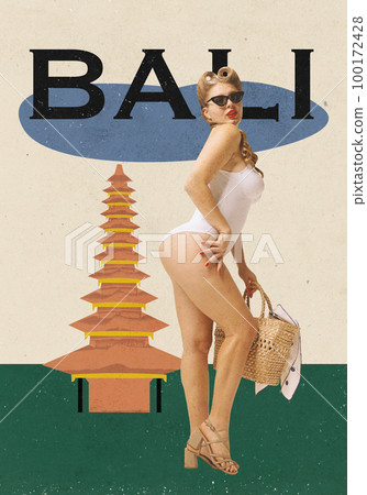 Contemporary art collage. Young stylish gitl in white swimmin suit and trendy sunlasses with background of bali landmark 100172428