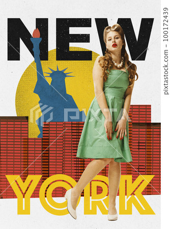 Contemporary art collage. Stylish beautiful young girl with new york famoust landmark, statue and skycrapers on background Contemporary art collage. Stylish beautiful young girl with new york famoust landmark, statue and skycrapers on background 100172439