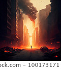 a human figure on a street in the city The apocalypse after a nuclear strike, everything is burning 100173171
