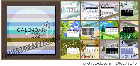 Calendar 2024. Colorful monthly calendar with various landscapes. Cover and 12 monthly pages. Week starts on Sunday, vector illustration. Square pages. Calendar 2024. Colorful monthly calendar with various landscapes. Cover and 12 monthly pages. Week starts on Sunday, vector illustration. Square pages. 100173179