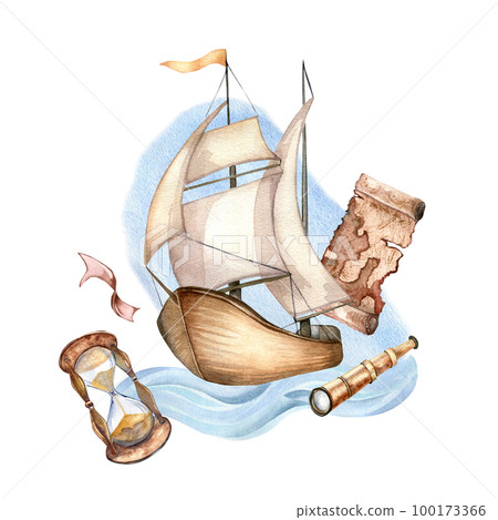 Composition of sailing ship vintage style watercolor illustration isolated on white. Composition of sailing ship vintage style watercolor illustration isolated on white. 100173366