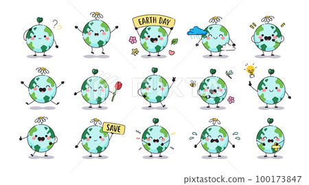 Cute cartoon set of planet Earth mascot for Earth day cards. Poster template Earth characters. Happy planet, Pollution, environment care and other icons. Vector clip art. Cute cartoon set of planet Earth mascot for Earth day cards. Poster template Earth characters. Happy planet, Pollution, environment care and other icons. Vector clip art. 100173847