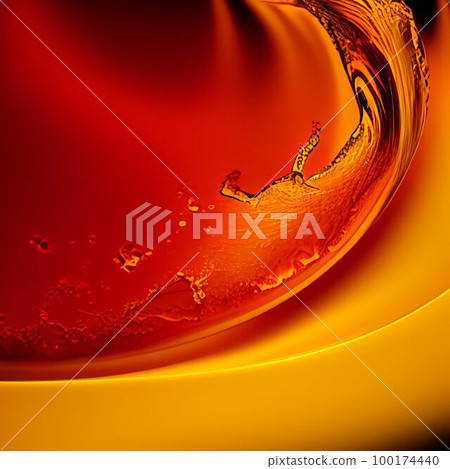 colored floating oily liquid in water in colors red, orange and yellow, Generative AI 100174440
