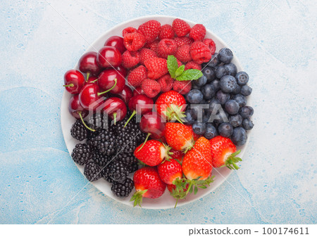 Fresh organic summer berries mix in white plate on blue kitchen table background Fresh organic summer berries mix in white plate on blue kitchen table background 100174611
