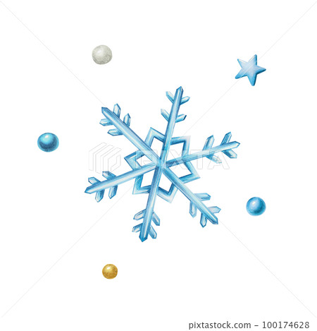 Snowflakes and snow balls. Hand painting clipart gold and blue balls, stars on a white isolated background. For designers, decoration, postcards, wrapping paper, scrapbooking, covers, invitations 100174628