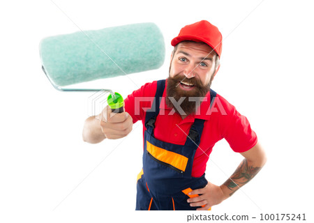 positive man painter with paintroller isolated on white background. man painter with paintroller positive man painter with paintroller isolated on white background. man painter with paintroller 100175241