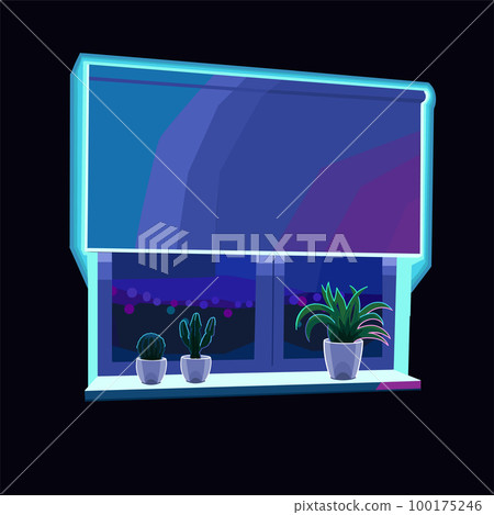 Window with a night city view, roller blackout blinds and potted plants 100175246