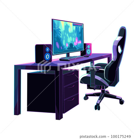 Computer set on a table with gaming chair and book shelves above Computer set on a table with gaming chair and book shelves above 100175249
