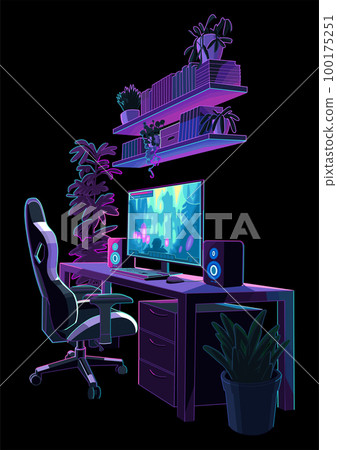 Computer set on a table with gaming chair and book shelves above Computer set on a table with gaming chair and book shelves above 100175251