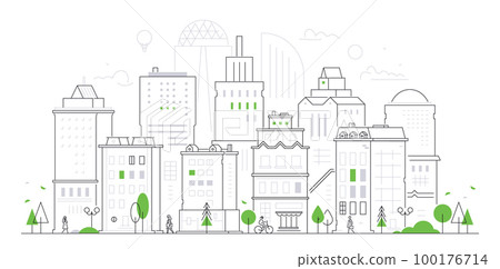 Urban cityscape - modern thin line design style vector illustration Urban cityscape - modern thin line design style vector illustration 100176714
