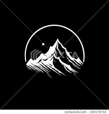 Minimalistic logo template, white icon of mountain silhouette on black background, modern logotype concept for business identity, t-shirts print, tattoo. Vector illustration 100176732