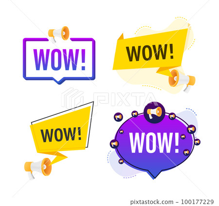 Megaphone label set with text Wow. Megaphone in hand promotion banner. Marketing and advertising 100177229