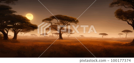 African acacia row against twilight sky. Vector illustration banner landscape. Silhouette of packs in the high rise desert. African perspective in the evening with copy space. African acacia row against twilight sky. Vector illustration banner landscape. Silhouette of packs in the high rise desert. African perspective in the evening with copy space. 100177374