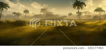 African savanna. Grass, acacia trees and river. Realistic vector landscape. African nature. Reserves and national parks. Banner vector illustration. Savanna landscape background 100177463