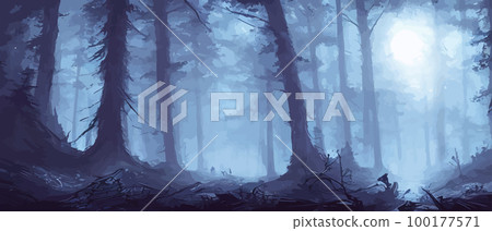 misty forest. Dark tree silhouette. Tree tricks in the blue mist. Fog in the night forest vector illustration banner. Spooky forest with full moon and floor. Without leaves and branches of autumn. misty forest. Dark tree silhouette. Tree tricks in the blue mist. Fog in the night forest vector illustration banner. Spooky forest with full moon and floor. Without leaves and branches of autumn. 100177571